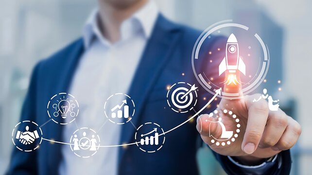 Businessman pressing social network virtual button on touchscreen interface