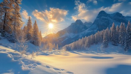 Sunlit snowy mountain landscape with pine trees covered in snow under a dramatic blue sky with scattered clouds during golden hour