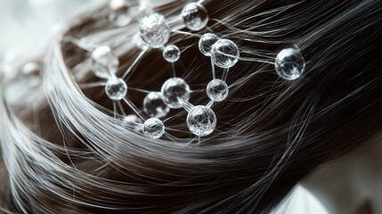 Abstract representation of a molecular structure composed of transparent spheres connected by thin rods placed on a flowing strand of hair with smooth lighting