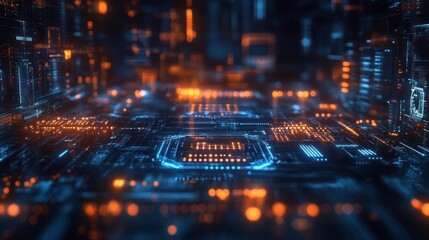 Glowing futuristic digital circuit board with blue and orange lights representing high-tech electronic data processing