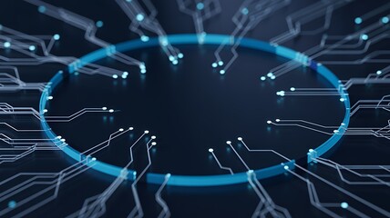 Abstract blue fiber optics background with glowing light spots and digital network design