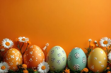 Colorful decorated Easter eggs with floral patterns arranged with daisies and orange flowers against a bright orange background