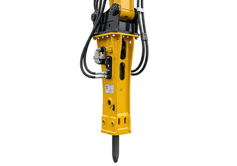 Yellow hydraulic breaker hammer attachment for excavator isolated on transparent background