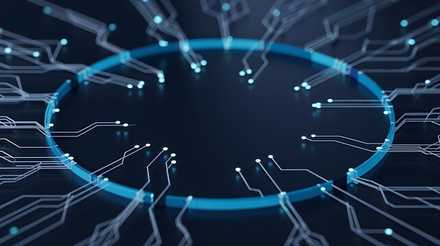 Abstract blue fiber optics background with glowing light spots and digital network design