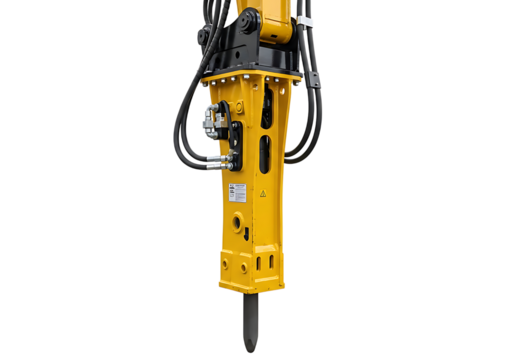 Yellow hydraulic breaker hammer attachment for excavator isolated on transparent background