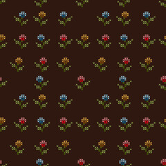 Flowers cross stitch ethnic embroidery pixel art abstract artwork seamless geometric pattern printed background fabric wallpaper hand drawn line vintage classic