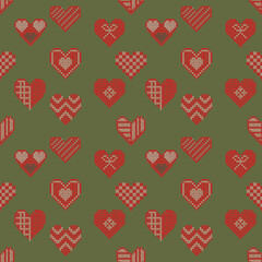 Heart cross stitch ethnic embroidery pixel art abstract artwork seamless geometric pattern printed background fabric wallpaper hand drawn line vintage classic Christmas valentine 