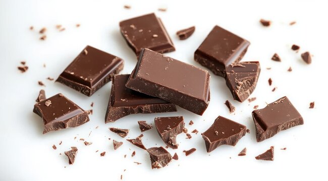 Scattered pieces of broken chocolate bars on a white surface evoking a sense of indulgence and casual snacking