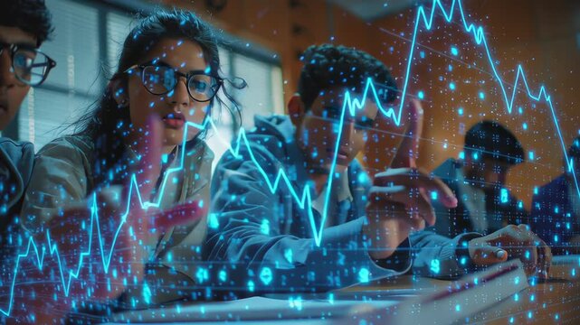 Group of Indian college students analyzing stock trends, holographic data with subtle Indian motifs, futuristic classroom inspired by Indian design, stock market for students India