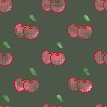 Cherry cross stitch ethnic embroidery pixel art abstract artwork seamless geometric pattern printed background fabric wallpaper hand drawn line vintage classic