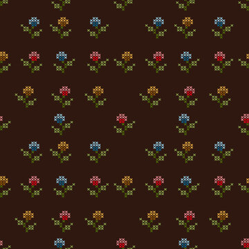 Flowers cross stitch ethnic embroidery pixel art abstract artwork seamless geometric pattern printed background fabric wallpaper hand drawn line vintage classic