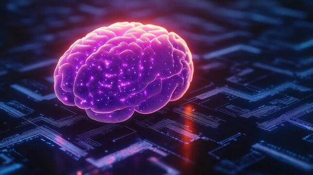 Glowing purple brain with illuminated neural network patterns resting on a dark futuristic circuit board background