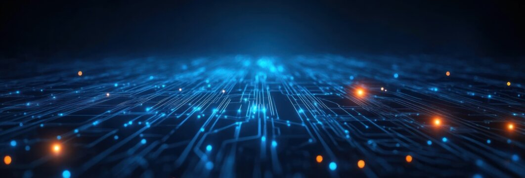 Close-up view of an abstract glowing digital circuit board with interconnected blue lines and bright orange and blue lights creating a futuristic technology pattern - Powered by Adobe