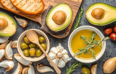 A vibrant, rustic food spread featuring halved avocados, green olives in a ceramic bowl, fresh garlic cloves, rosemary sprigs, and golden olive oil all arranged on dark stone with toasted bread slice