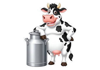 Friendly black and white Holstein cartoon cow mascot with a cheerful smile leaning on a silver milk can, representing dairy and agriculture, isolated on transparent background.