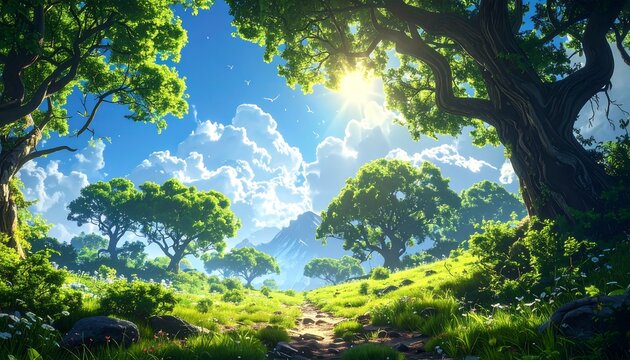 Lush, vibrant sunlit forest scene with a pathway and mountain view - Powered by Adobe