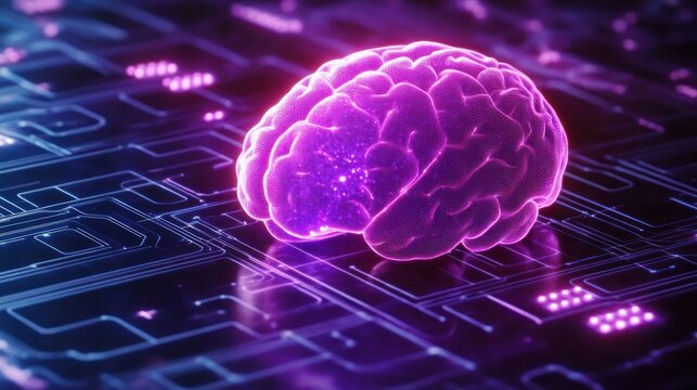 Glowing purple digital brain model resting on a futuristic circuit board conveying artificial intelligence and technology concepts