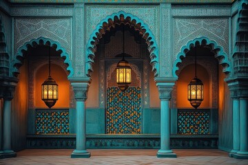 Ornate courtyard with intricate blue tile patterns and glowing hanging lanterns framed by arched doorways and stone columns emitting a tranquil warm light