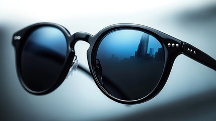 Close-up of black sunglasses reflecting a city skyline with tall modern buildings and a clear blue sky, evoking a sleek and futuristic mood