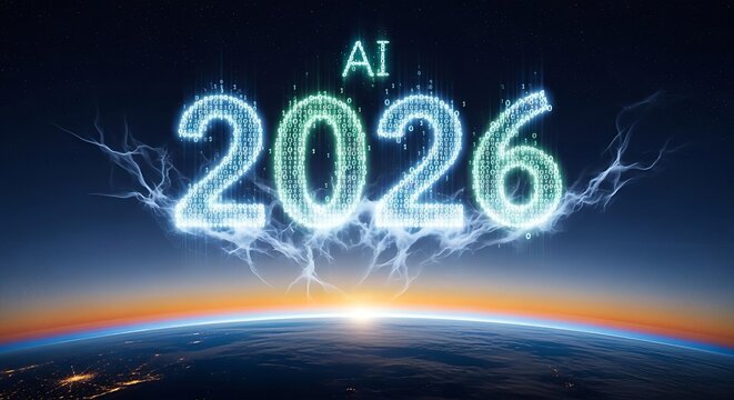 The year 2026 with the letters AI, depicted in glowing electric blue and green text over the Earth's horizon from space.