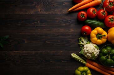 A vibrant array of fresh vegetablescarrots, cherry tomatoes, yellow and green bell peppers, cauliflower, and cucumbersare neatly arranged in a row on a dark wooden surface, creating a colorful, health