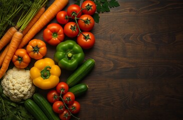 A vibrant array of fresh vegetablescarrots, cherry tomatoes, yellow and green bell peppers, cauliflower, and cucumbersare neatly arranged in a row on a dark wooden surface, creating a colorful, health