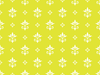 Wallpaper in the style of Baroque. White and yellow floral ornament. Seamless vector background. Graphic pattern for fabric, wallpaper, packaging. Ornate Damask flower illustration