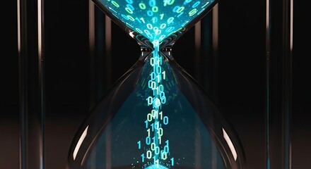 An hourglass filled with glowing blue binary code flowing from the top bulb to the bottom bulb, symbolizing the passage of time and digital information.