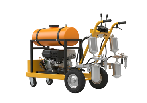 Yellow road marking machine with engine and tank isolated on transparent background