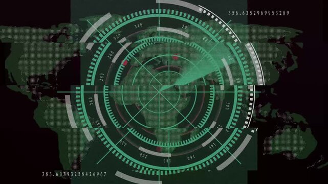 Green Digital Radar Interface Overlaying a Dotted World Map with Navigation Grid animation. Navigation grid pulses over dotted world map on green digital radar producing bold animated interface. - Powered by Adobe