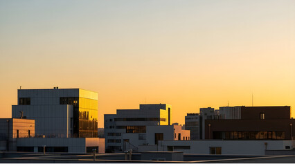 Fototapeta premium Urban street framed by tall buildings with warm sunset reflection, modern minimalist style and cinematic tone.