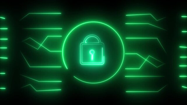 Green Neon Padlock and Circuitry Graphics on Dark Background glow. High-tech glowing green padlock with circuit graphics, showcasing secure systems and cyber protection.