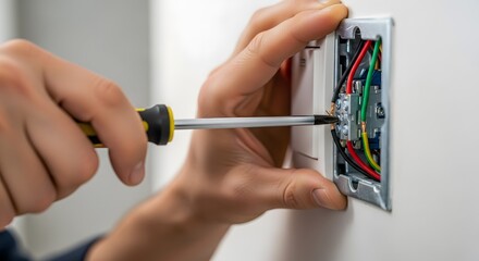 Skilled hands of an electrician tightening screws on an electrical wall switch during installation or repair, showcasing wiring.