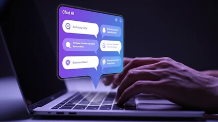 Chat AI Communication on Laptop, Typing Message on Virtual Screen - Powered by Adobe