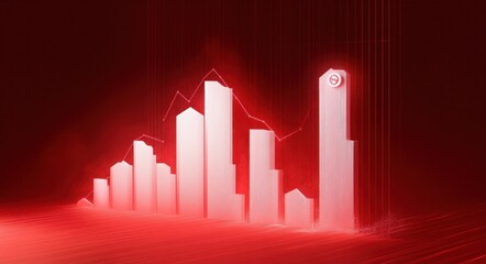 Futuristic glowing white skyscrapers with digital data lines and graphs on a vibrant red background symbolizing technological growth and innovation