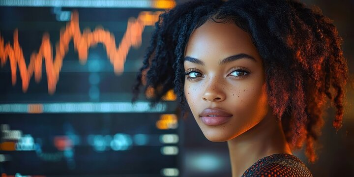 Close-up portrait of a confident young woman with textured curly hair and freckles, looking directly at the camera with a calm expression, financial data graph blurred in the background