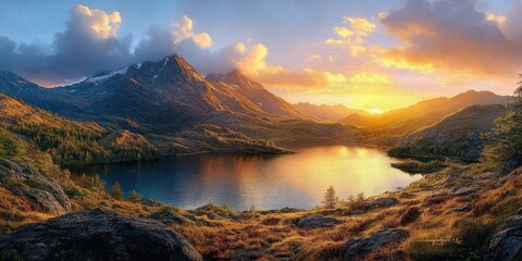 Sunset over a peaceful mountain lake surrounded by rocky hills and autumn-colored trees under a partly cloudy sky
