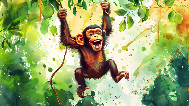 Watercolor Painting Of A playful monkey swinging