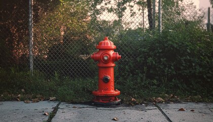 Red fire hydrant standing on pavement beside green vegetation and a metal chain-link fence during soft sunlight