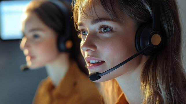 Two young women wearing headsets in a work environment focusing on communication and customer support tasks