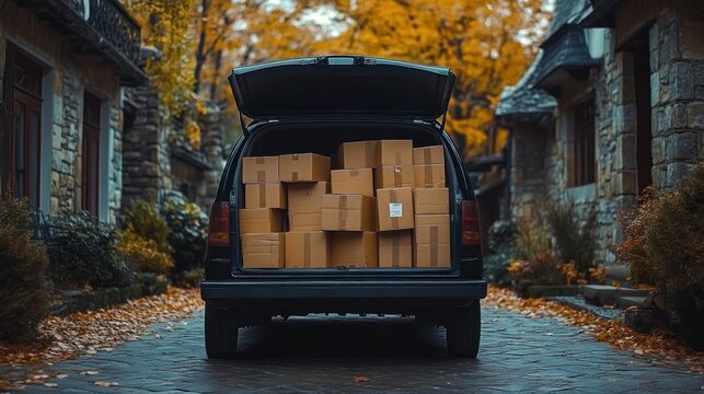 Back of a vehicle with an open trunk filled with stacked cardboard boxes parked on a cobblestone street lined with stone houses and autumn trees with yellow leaves