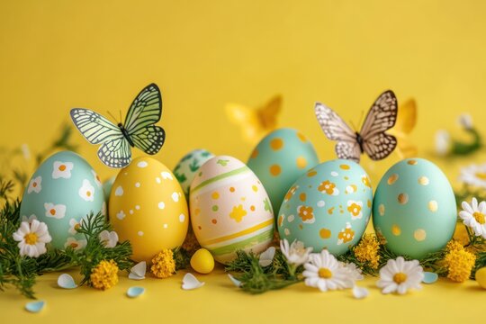 colorful decorated Easter eggs with floral patterns surrounded by green foliage, white daisies, and yellow flowers with delicate butterflies against a bright yellow background