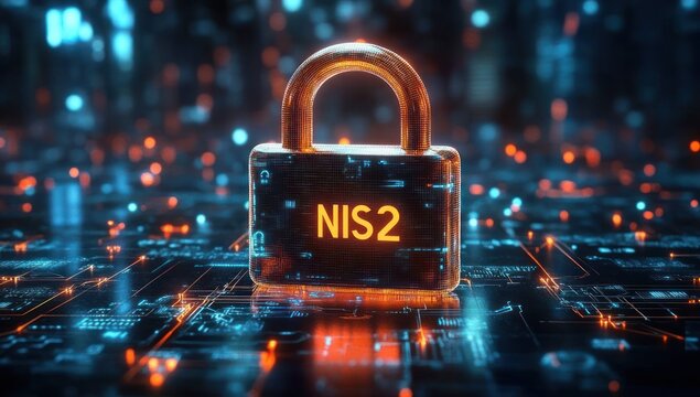 Glowing digital padlock with the text NIS2 surrounded by vibrant illuminated circuitry representing cybersecurity and data protection concepts in a futuristic setting