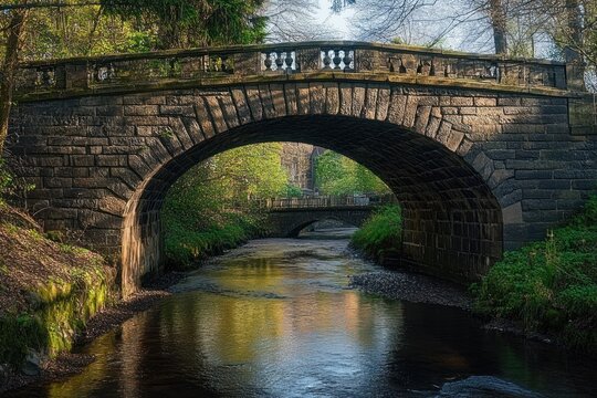Stone arch bridge over a calm river with lush green foliage surrounding the water and sunlight casting warm reflections - Powered by Adobe