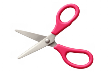 Pink handled scissors with sharp metal blades opening to cut, transparent background, office supply tool for crafting and school