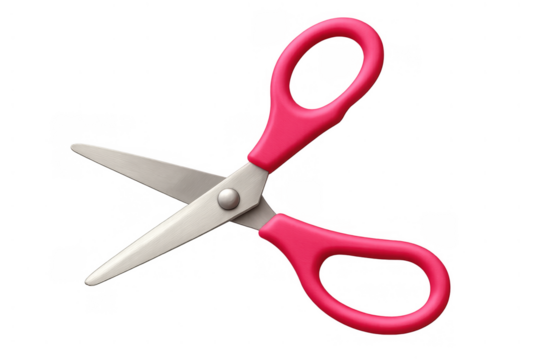 Pink handled scissors with sharp metal blades opening to cut, transparent background, office supply tool for crafting and school