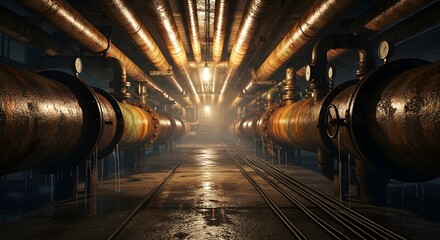 Mysterious Industrial Corridor with Rusty Pipes and Warm Overhead Lighting, Reflecting on a Wet Floor in an Underground Utility Tunnel