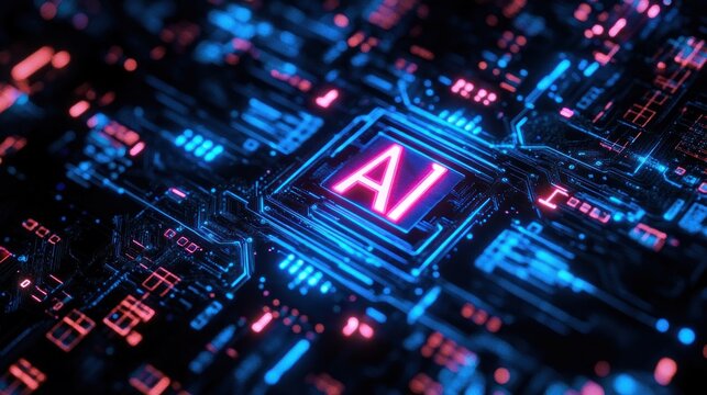 Close-up of futuristic glowing circuit board with illuminated central chip labeled AI in neon blue and pink tones representing advanced technology and artificial intelligence