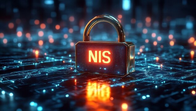 Glowing metallic padlock with digital circuit background symbolizing cybersecurity and data protection with bright illuminated text