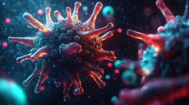 Highly detailed close-up of a spiky virus particle with textured surface and glowing red highlights floating in a bluish microscopic environment